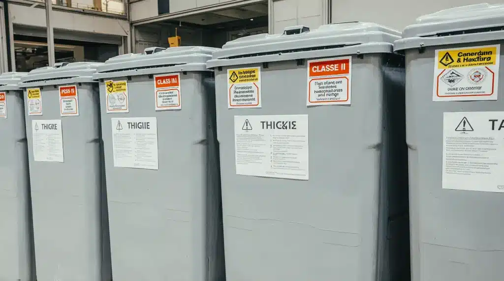 Estação de descarte com coletores coloridos e sinalização ambiental representando o PGRS